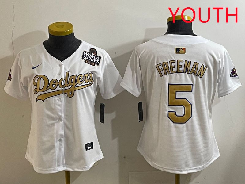 Youth Los Angeles Dodgers #5 Freeman White Champion gold character 2025 Nike MLB Jersey style 4124->youth mlb jersey->Youth Jersey